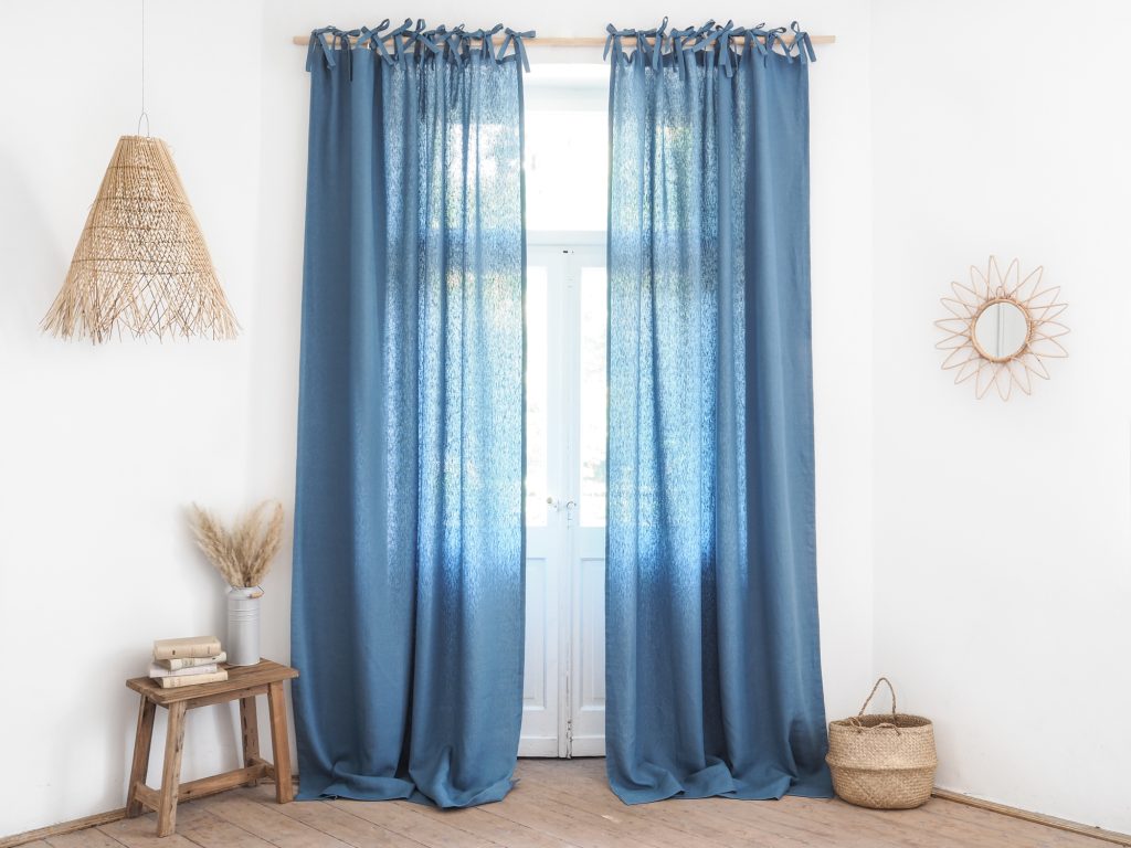 blue linen curtain with ties 