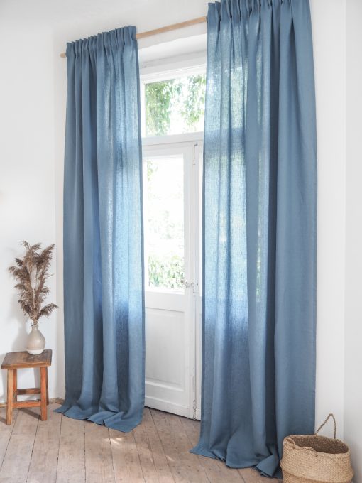 Blue pencil pleat linen curtains