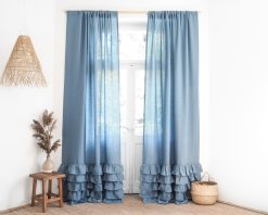 Blue linen curtain with ruffles