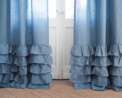 Blue linen curtain with ruffles
