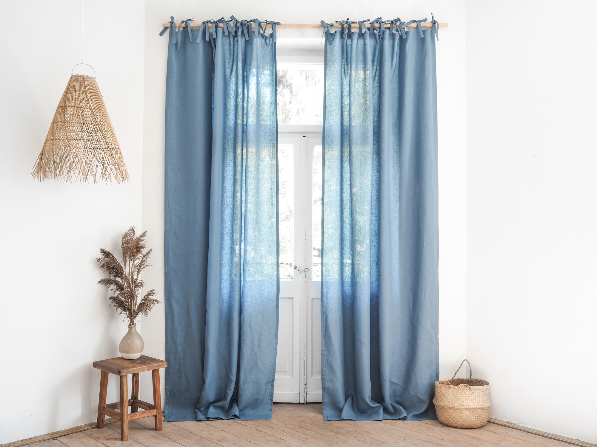 Blue tie top linen curtains