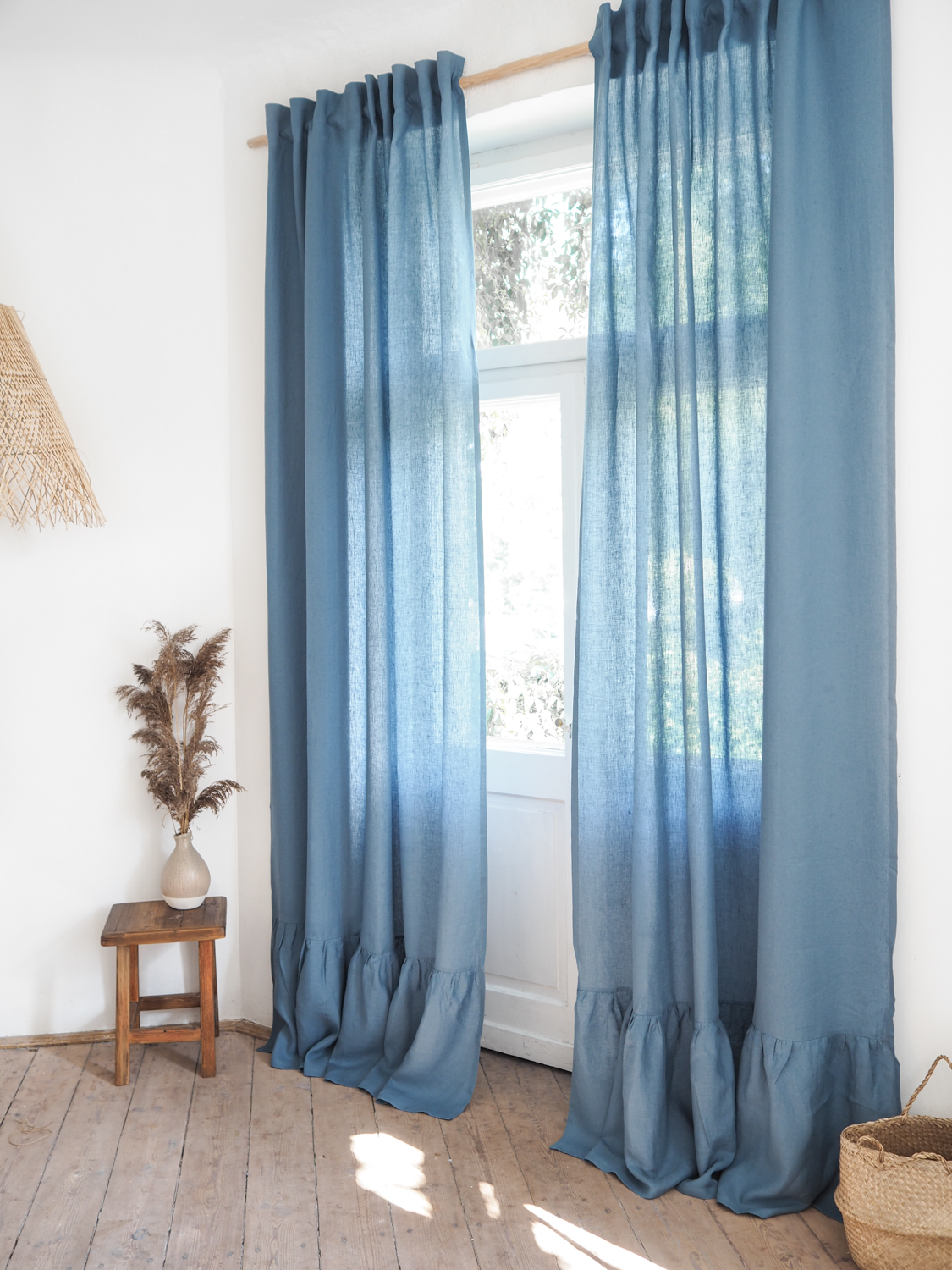 Blauer Leinen Vorhang mit Rüschen Leinen stonewashed | 100