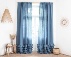Blue ruffled heavy linen curtain
