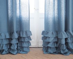 Blue ruffled heavy linen curtain