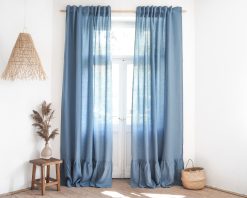 Blue linen curtain with ruffle