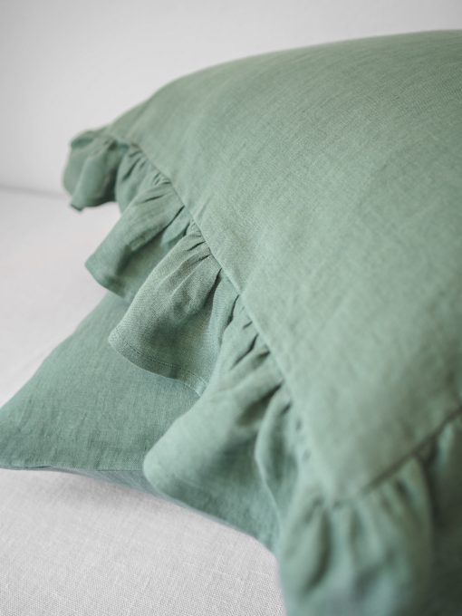 Green linen ruffled pillowcases