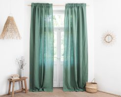 Green solid linen curtains with tape