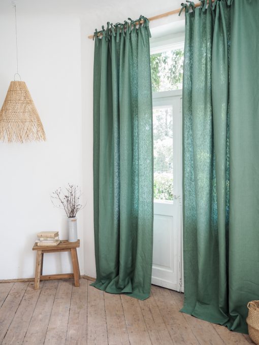Green tie top linen curtains