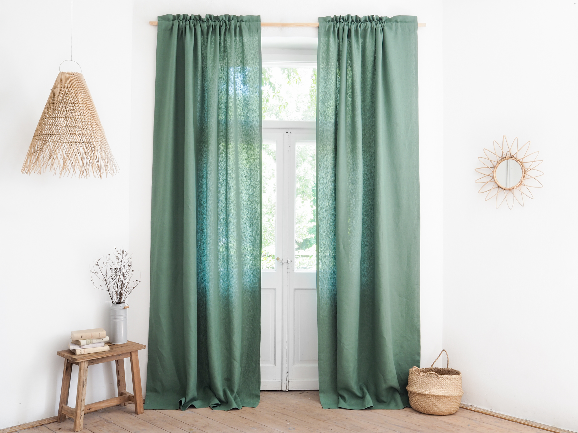 Green room darkening linen curtains