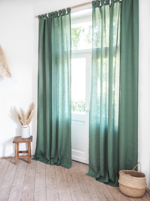 Green tab top linen curtains