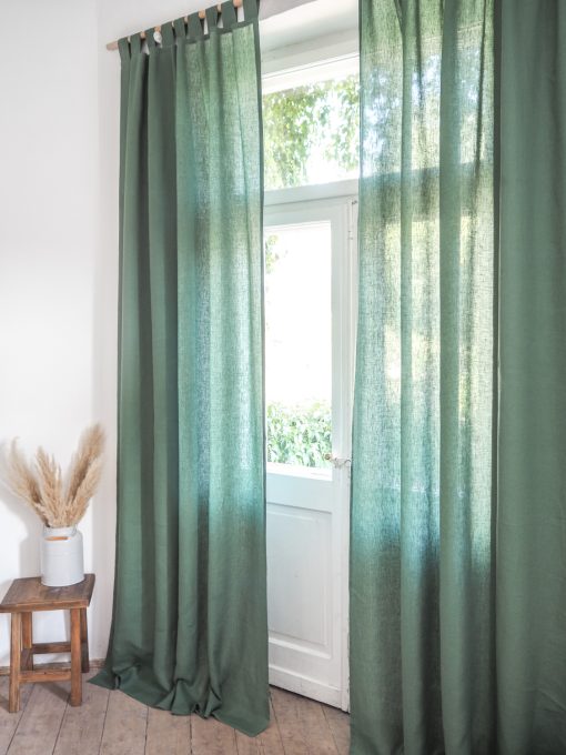 Green tab top linen curtains