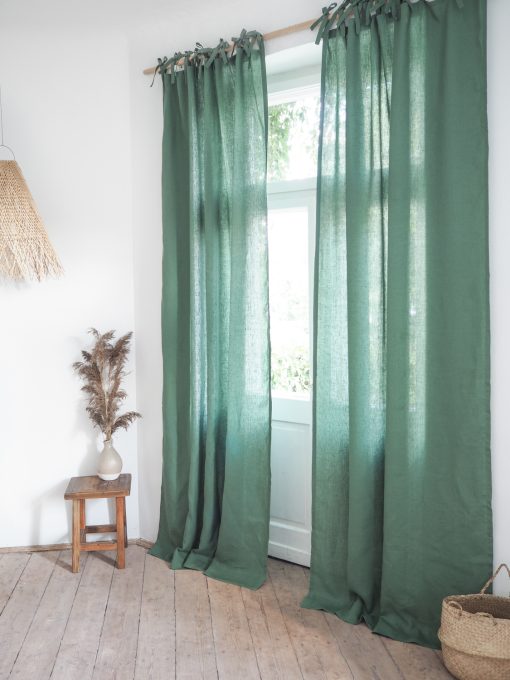 Green tie top linen curtains