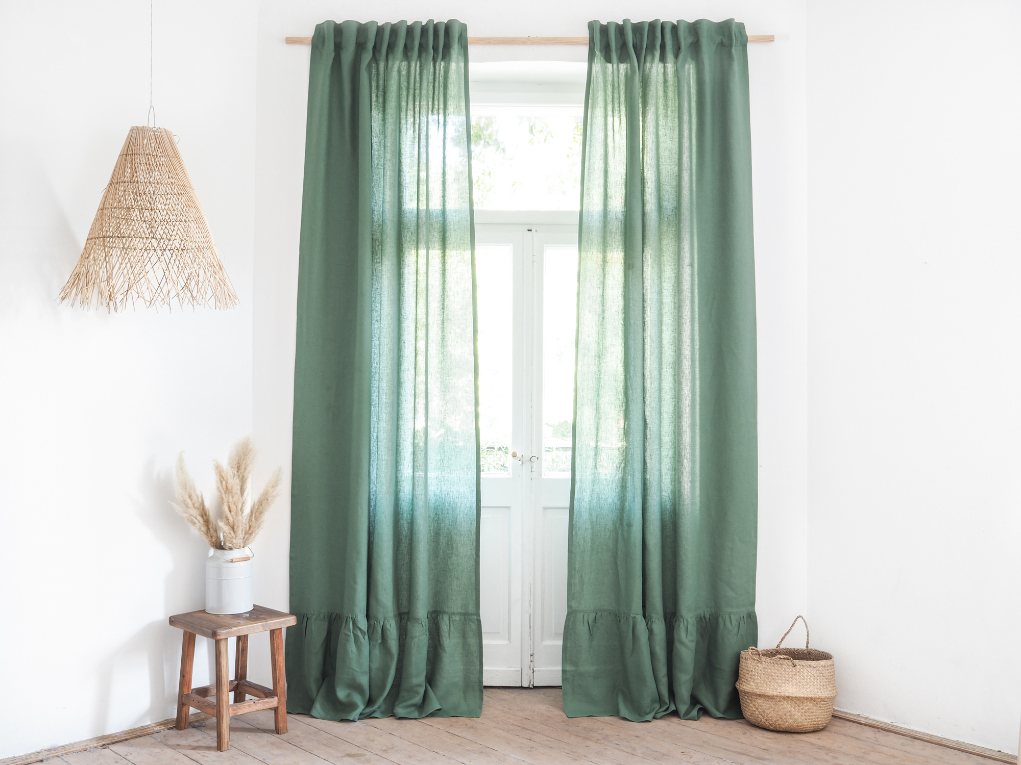 Green linen curtain with ruffle