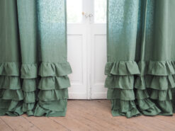 Green ruffled heavy linen curtain