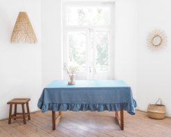 Blue thick linen tablecloth