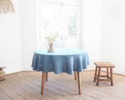 Blau runde Leinen-Tischdecke