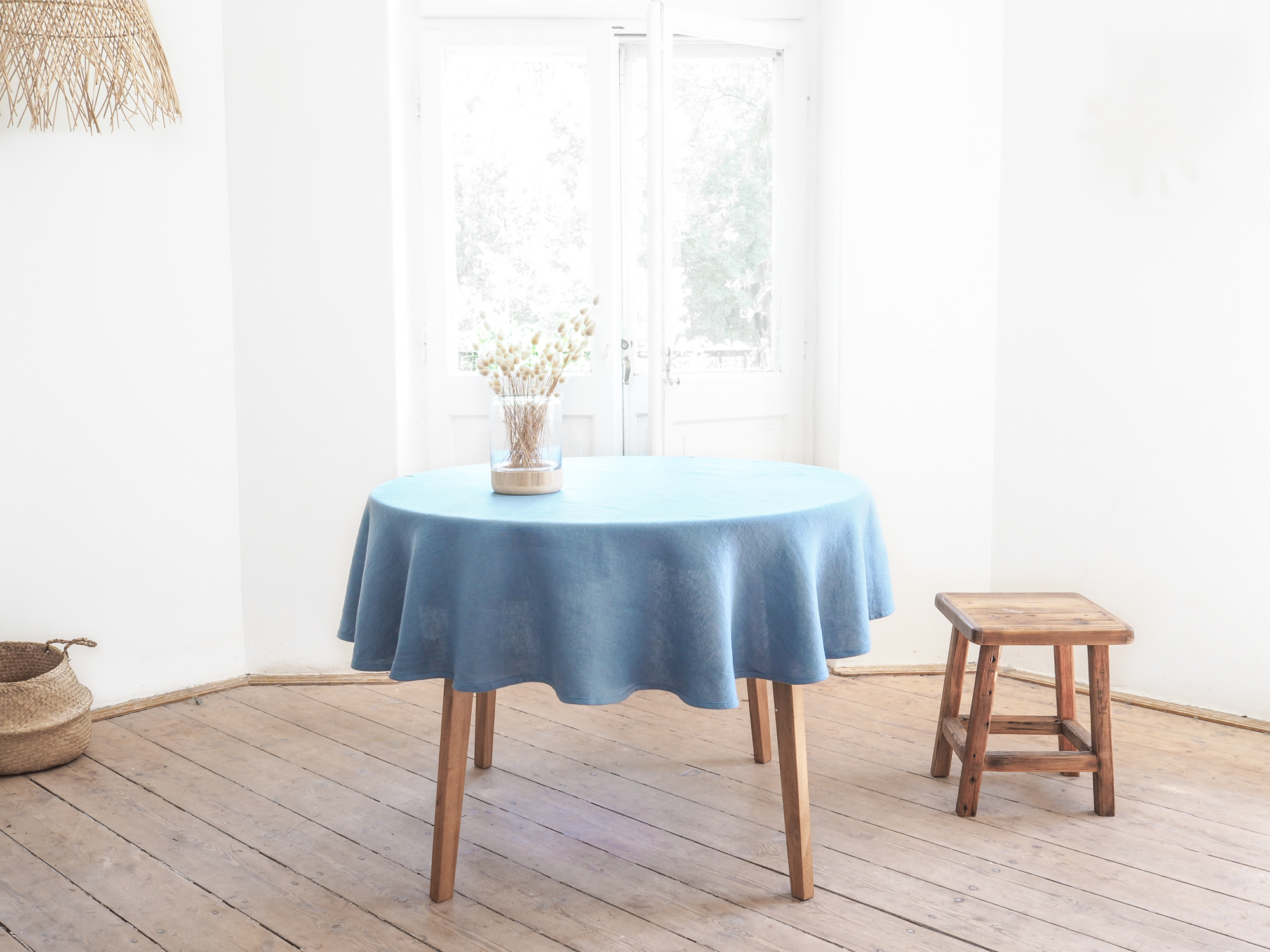 dusty blue round linen tablecloth