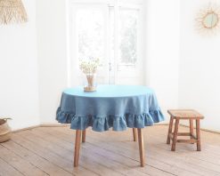 Blue round ruffled linen tablecloth