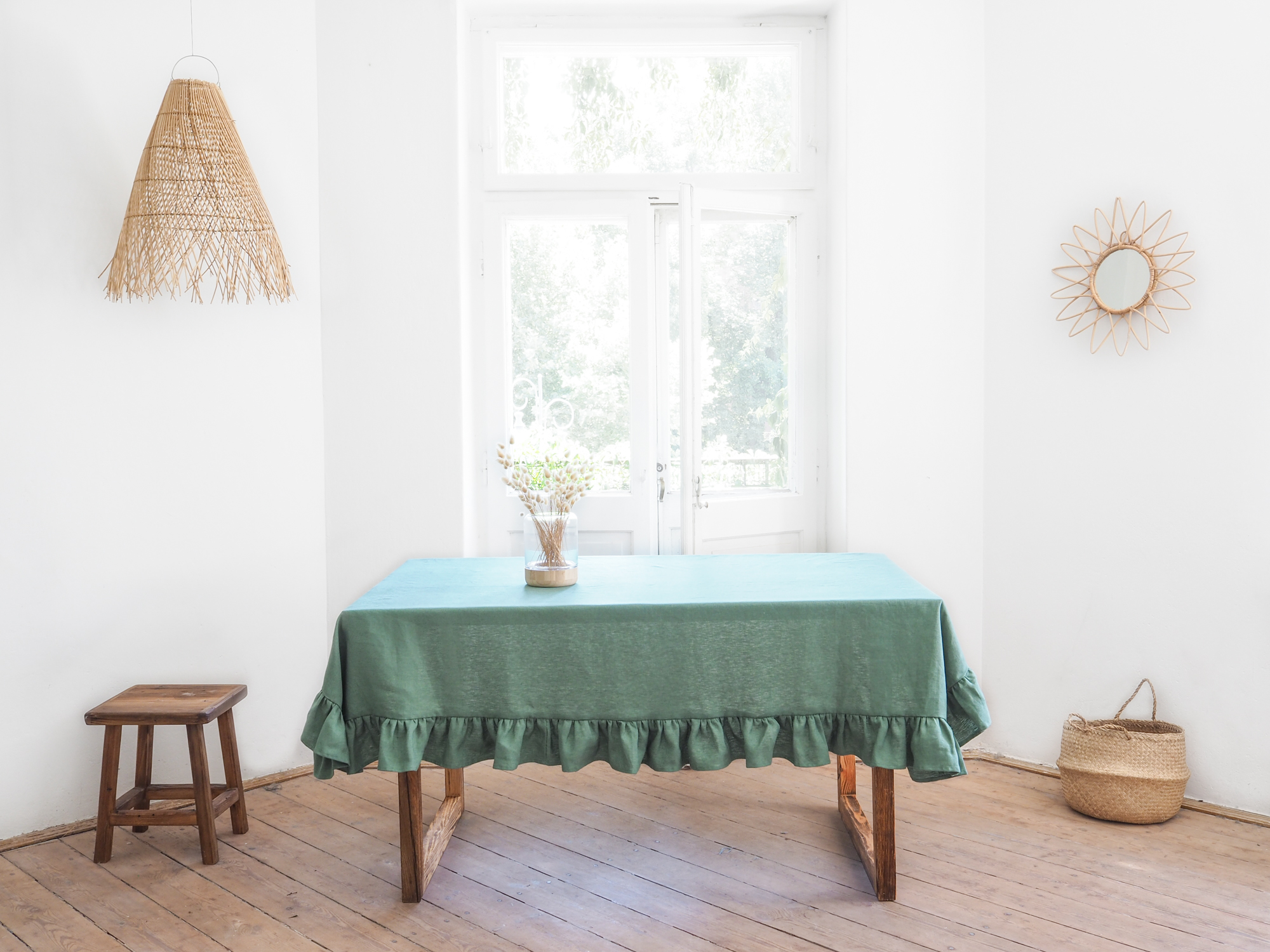 Green thick linen tablecloth