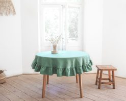 Green round ruffled linen tablecloth