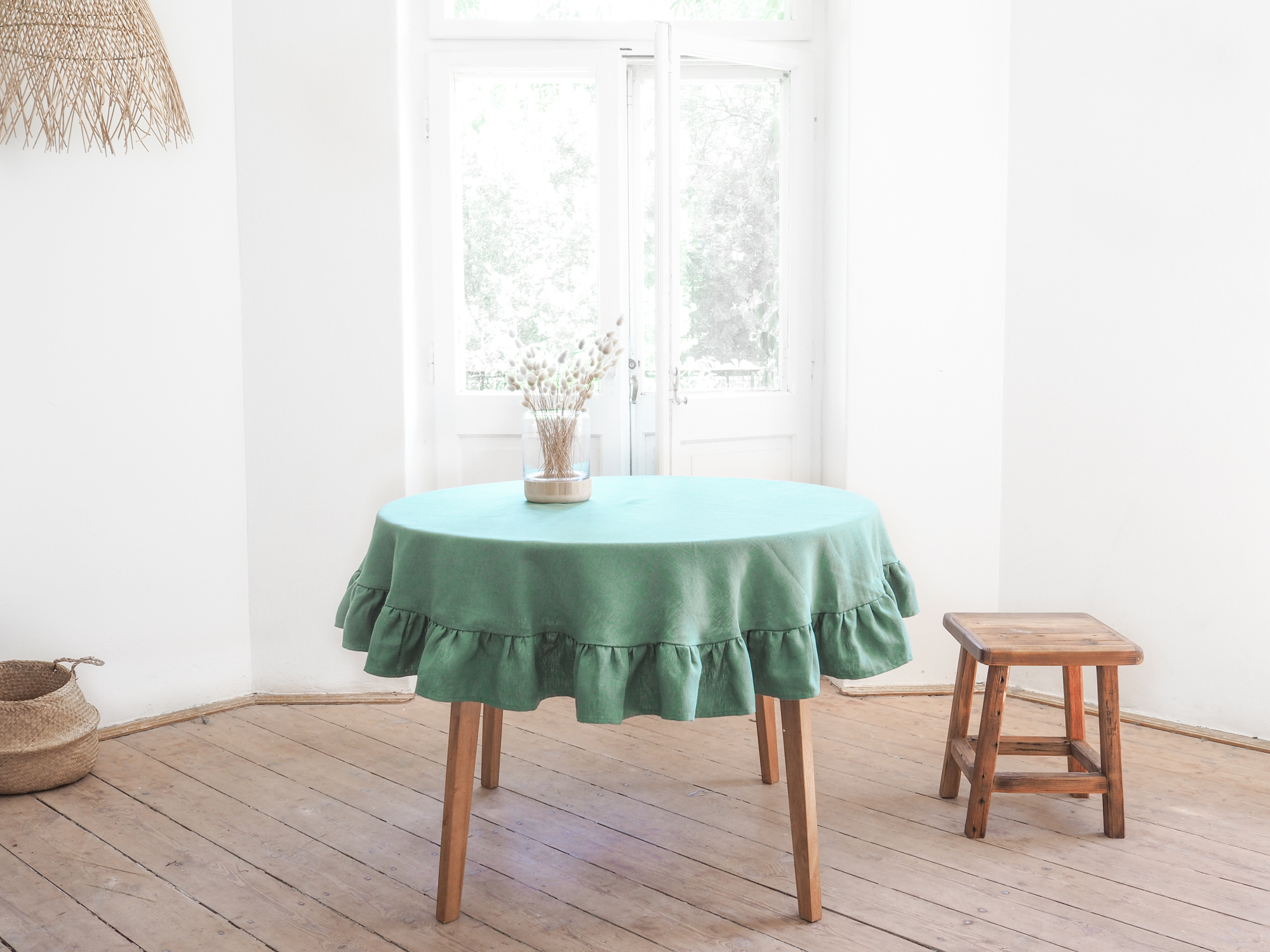 Green round ruffled linen tablecloth