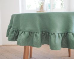 Green round ruffled linen tablecloth 1