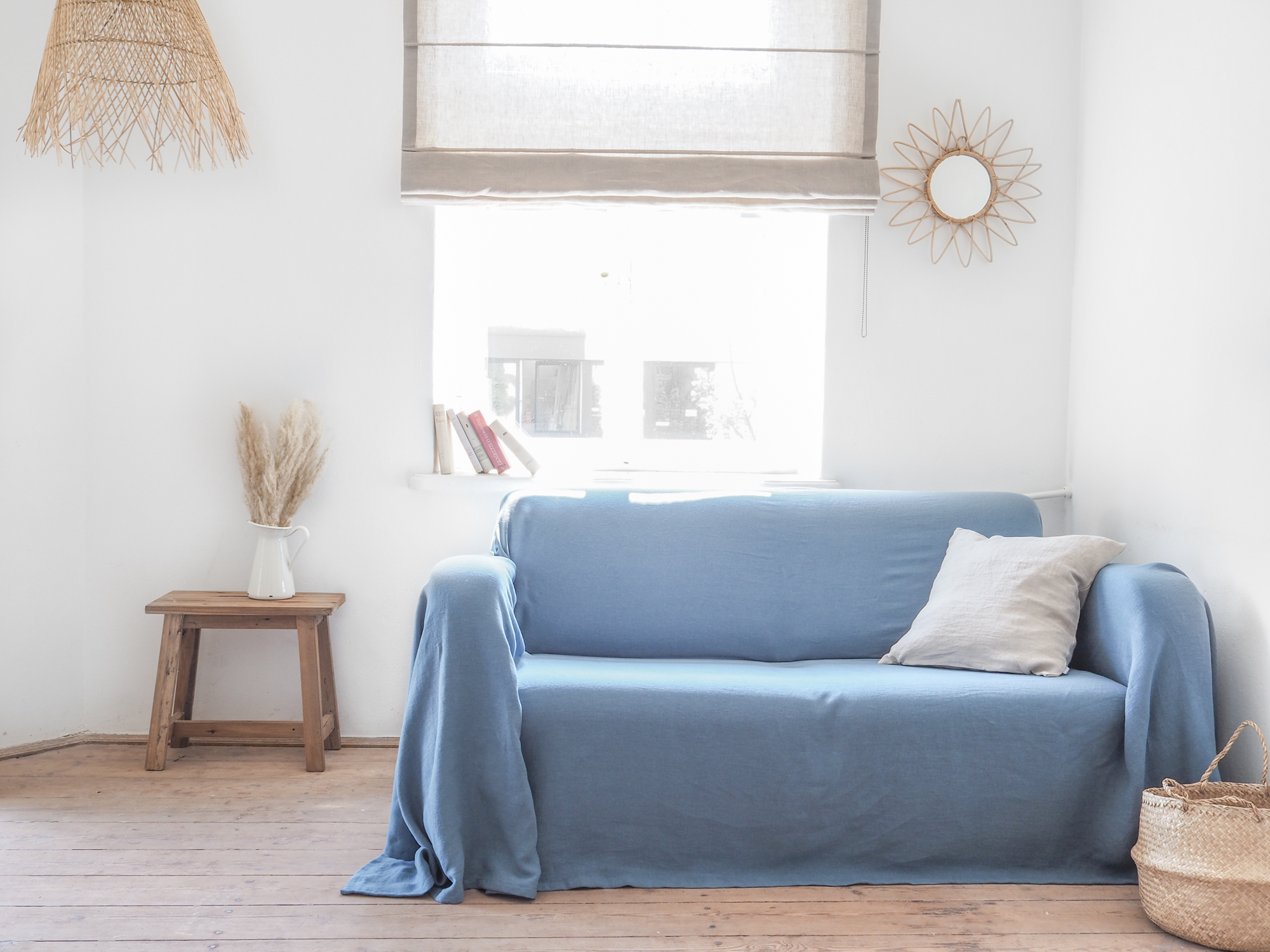 blue linen couch cover