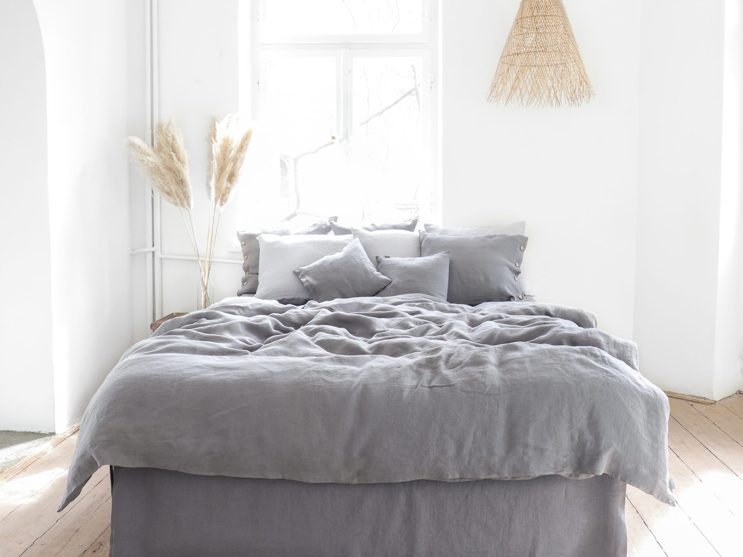 gray linen bedding with a zipper