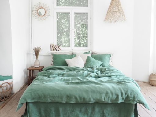 green linen bedding with a zipper