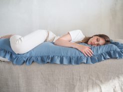 Blue ruffled linen body pillow
