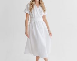 White linen wrap dress