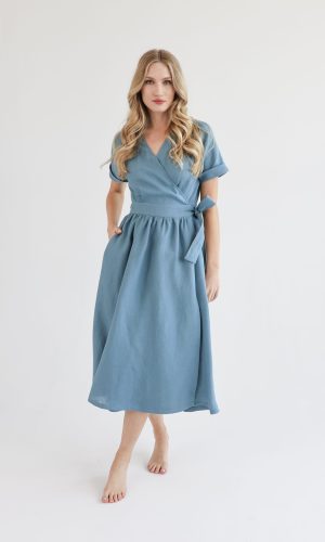 Blue linen wrap dress