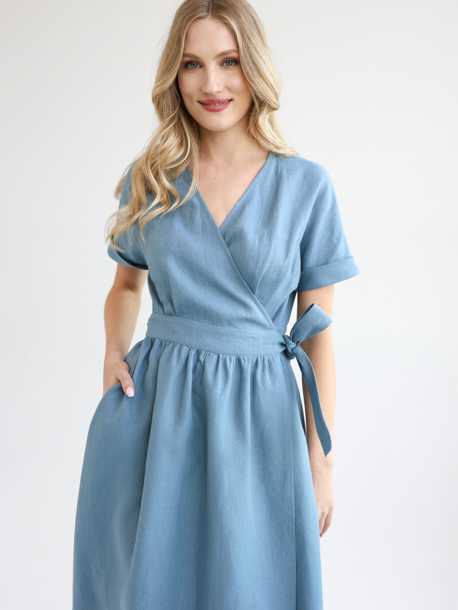 Blue linen wrap dress