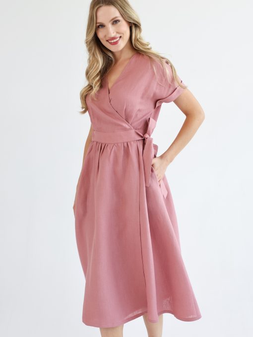 Pink linen wrap dress