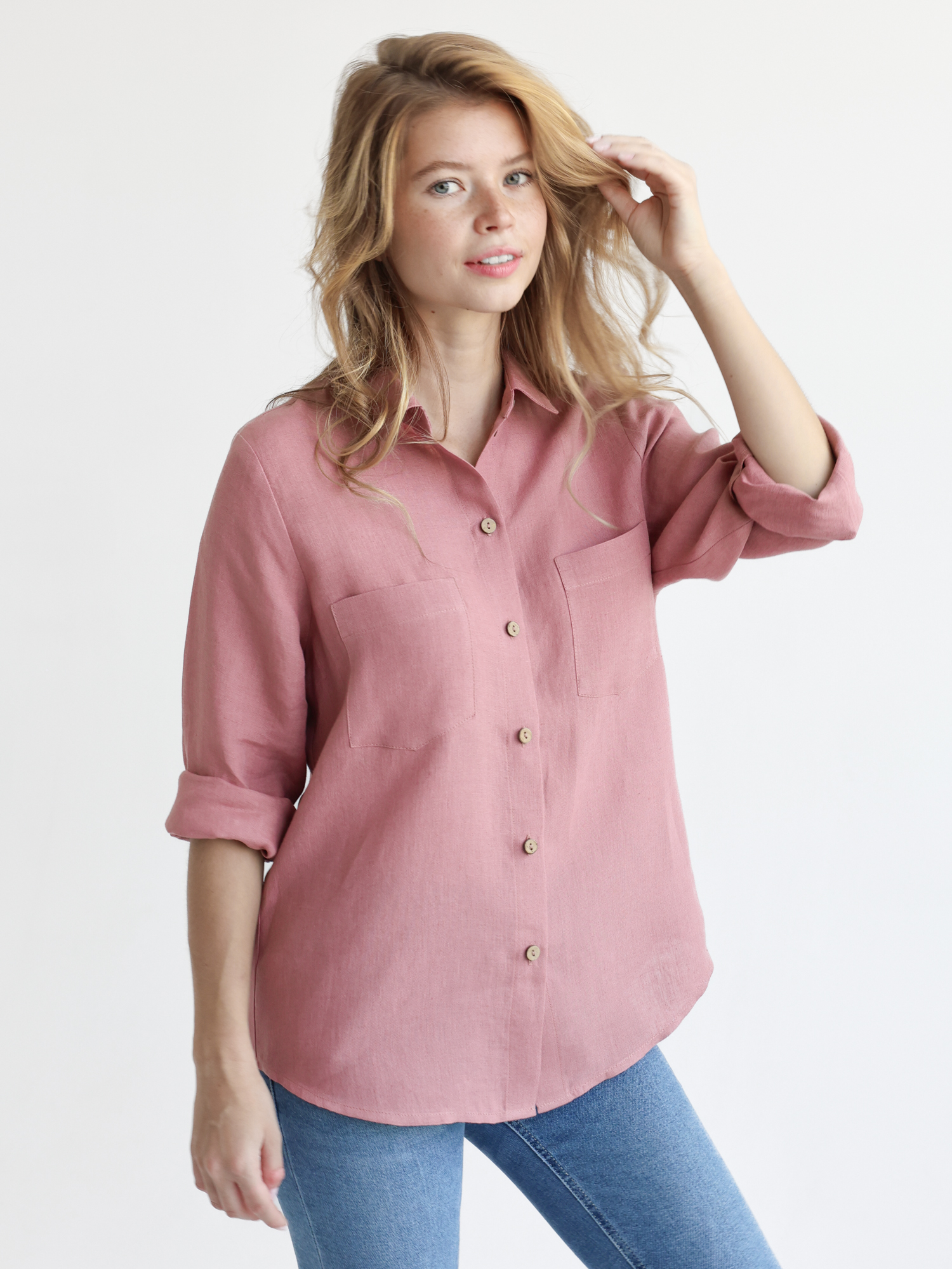 Stonewashed Linen Women Shirt - pure 100% linen flax dusty role light pink  with mother perl buttons pre-washed laundered Europe European linen lint  free relaxed cut shirt button down long sleeve shirt –